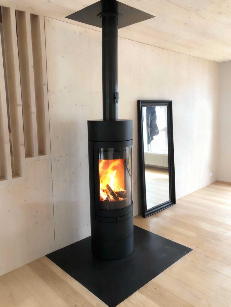 Freistehender runder Kaminofen im Wohnzimmer